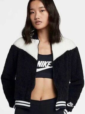 Nike Black and White Sherpa Bomber Jacket Size Medium